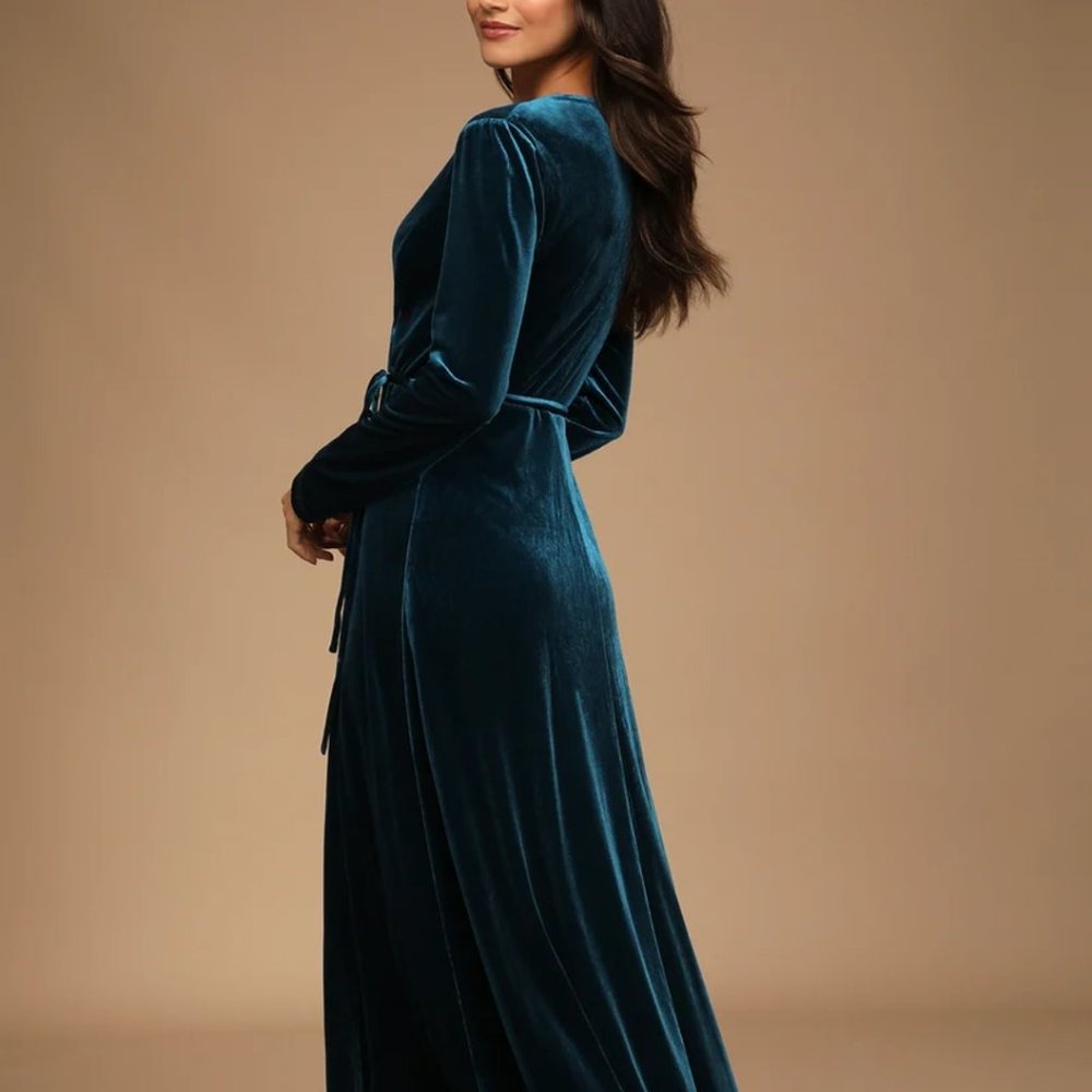 Jacinda Teal Blue Velvet Wrap Maxi Dress